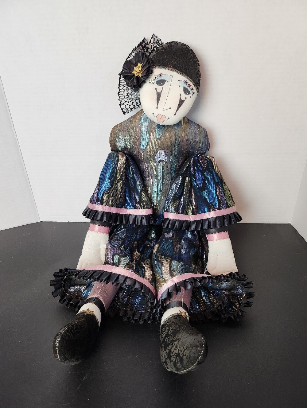Handmade Pierrot Harlequin Clown Art Doll Metallic Costume Vintage